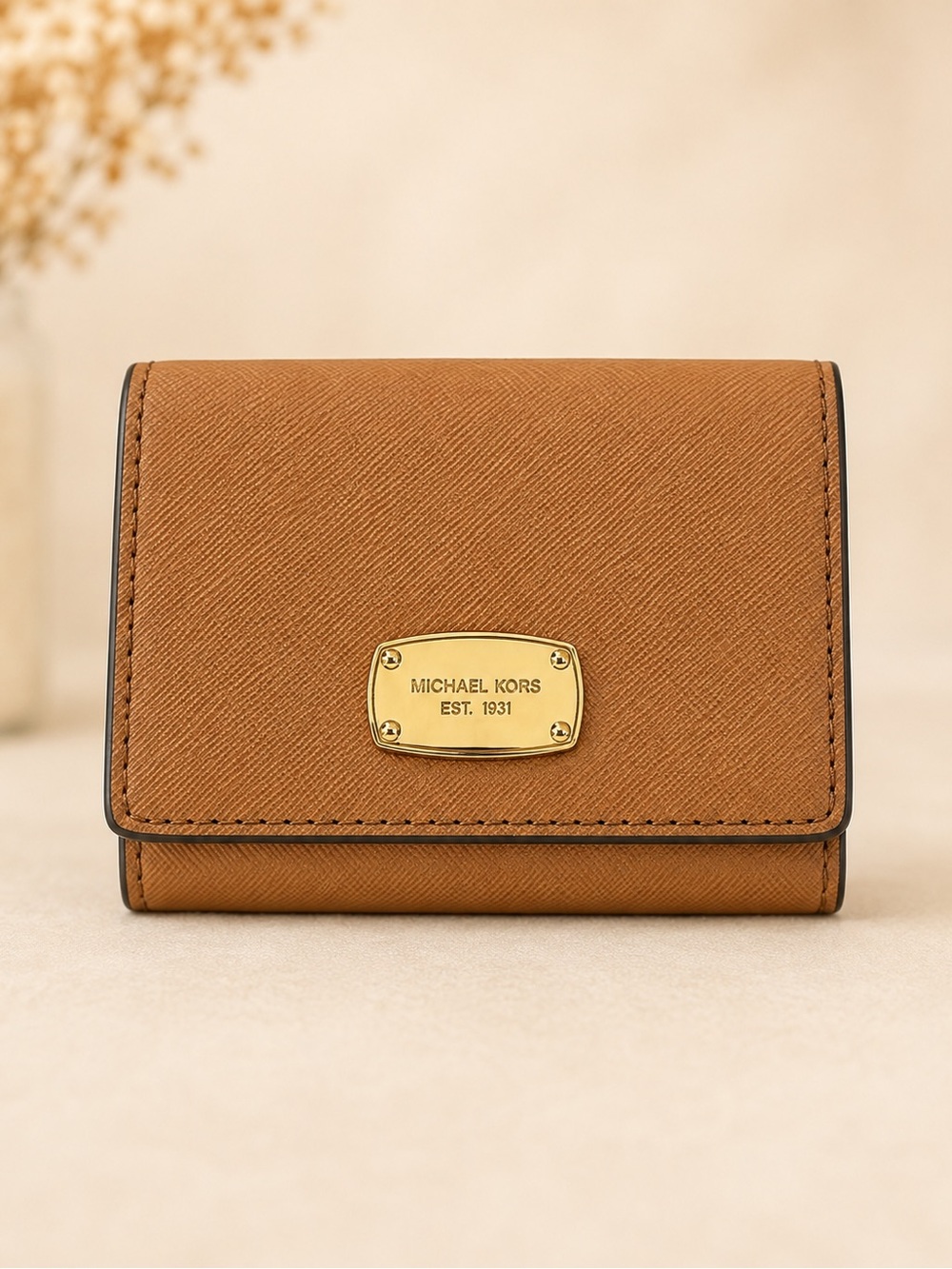 Michael Kors Caramel Saffiano Leather Compact Wallet with Gold Plate
